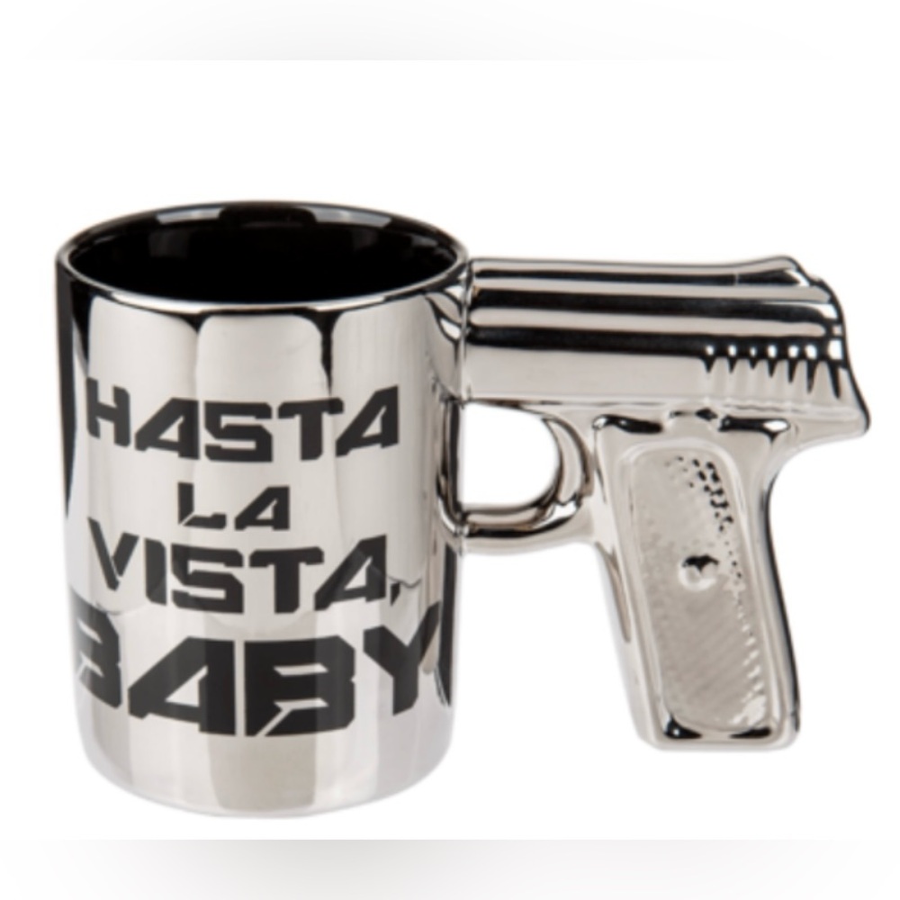 AUTHENTIC Silver Gun Handle Mug HASTA LA VISTA BABY